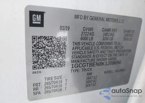 2019 Chevrolet Colorado Wt z USA, uszkodzony, nr VIN 1GCGTBEN8K1208694